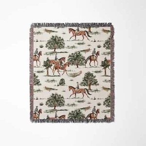 Equestrian Theme Woven Blanket Horse Lover Farmhouse Throw Blanket Country Style - Picture 1 of 4