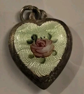 VINTAGE Sterlingsilber BAUSCHIGES HERZ CHARM Elfenbein Guilloche Emaille rosa Rosen - Bild 1 von 3