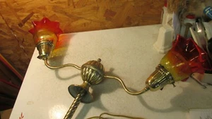 Antique Brass 2 Arm Light Fixture and Amberina Shades - Picture 1 of 5