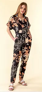 Roman Black Belted Floral Lily Print Jumpsuit Size 14 V-Neckline Pockets Stylish - Picture 1 of 24