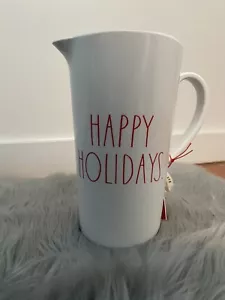 Rae Dunn HAPPY HOLIDAYS Pitcher White Red Melamine Family Sz L Pourer Vase NWT - Picture 1 of 6
