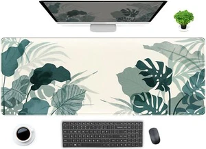 Cute Beige Desk Mat Green Tropical Leaves XL Extended Large Mouse Pad Gaming ... - Picture 1 of 4