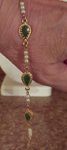 14K Antique Seed Pearl pear Jade link BRACELET 7.25" 6.3gr Dainty Antique YG❤️ - Picture 1 of 9