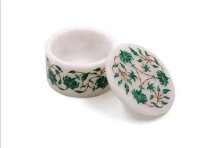 Round Marble Jewelry Box Malachite Stone Inlay Work Chain Box with Elegant Look - Picture 1 of 4
