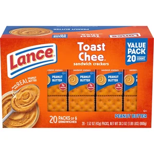 Sandwich Crackers, Toastchee Peanut Butter, 20 Individually Wrapped Packs, 6 San - Picture 1 of 30