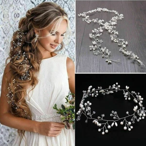 White Pearls Wedding Hair Vine Crystal Bridal Accessories Diamante Headpiece - Picture 1 of 7