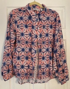 Denim & Co. Pink And Blue Geometric Tie-Dye Collared shirt-Large - Picture 1 of 5