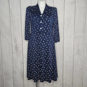 Abito midi vintage Volup Montgomery Ward blu navy con stampa foglia, taglia Large/XL - Foto 1 di 7