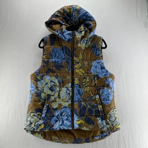 Offline by Aerie Floral Puffer Vest Womens L Full Zip Hooded Quilted Brown Blue - Picture 1 of 13
