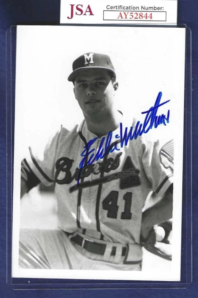 Eddie Mathews Milwaukee Braves Baseball Autographed Brace 4x6 B&W Photo JSA #1 - Image 1 of 1
