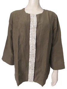 WinterSeide Seide/Leinen oliv Druckknopfleiste natur Shell verziert Jacke Hopsack - Bild 1 von 8