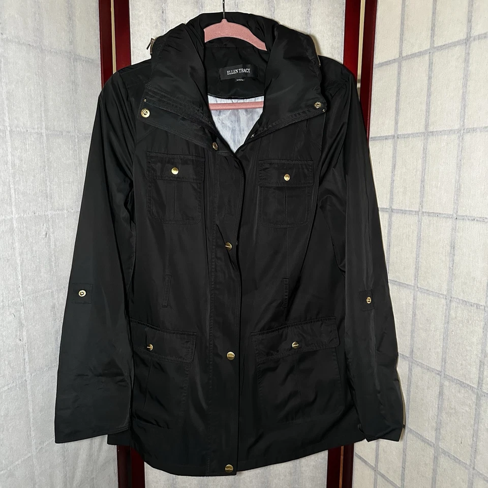 Ellen Tracy 户外轻便雨衣带隐藏式连帽,M 码 — 第 1/4 张图片