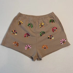 Queen Of Sparkles mehrfarbige Pailletten Truthähne hellbraun Baumwollmischung Shorts Größe L - Bild 1 von 12