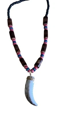 Handcrafted Wooden Beads Necklace Faux Tooth Pendant Beach Boho Statement Tribal - Image 1 of 4