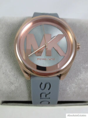NEW Michael Kors Jan Rose Gold Tone MK Logo Watch Grey Silicone Band MK7314 NWT - Image 1 of 4
