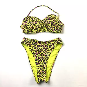 Bikini Victoria’s Secret Estampado Leopardo Amarillo Neón 34A Parte Superior Pierna Alta Parte Inferior S NUEVO - Imagen 1 de 13