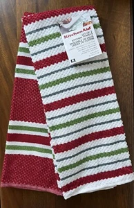 KitchenAid Hand Dish Towel Kitchen Cloth Red Green Stripes Christmas Holiday - Picture 1 of 3