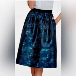 J. Gonna girocollo floreale a quadri jacquard mini party aline nera blu donna taglia 8 - Foto 1 di 8