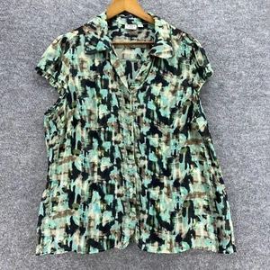 Cato Shirt Women 18/20W Plus Green Geometric Button Up Collared Short Sleeve - Picture 1 of 10