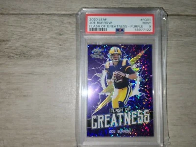 JOE BURROW RC ROOKIE 2020 LEAF FLASH OF GREATNESS PURPLE #/25 PSA 9 MINT BENGALS - Image 1 of 2