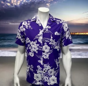 Hilo Hattie Purple White Floral Print Hawaiian Camp Shirt Made in USA Medium EUC - Picture 1 of 9