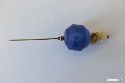 Ancienne Épingle à chapeau boule bleue verre - Photo 1/3