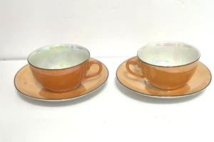 Bavarian Lusterware Cup and Saucer Set of 2 Iridescent White & Orange Black Rim - Picture 1 of 19