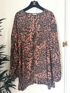 Masai XXL Black and Orange Brown Animal Print Long Sleeve V-Neck Blouse Top - Picture 1 of 6