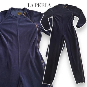 La Perla Malizia Italy Zipper Jumpsuit XS Navy Blue Velvet 1-Piece Pajama Vtg - Picture 1 of 11