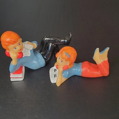 Vintage Wilton 1950s Cake Toppers Boy & Girl Teens On Telephone Kitschy Red Head - Image 1 of 4