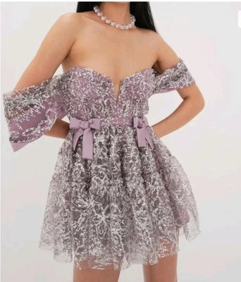 NWT For Love And Lemons BRYNNE MINI DRESS Bow Purple With Metallic Detailing S - Image 1 of 4