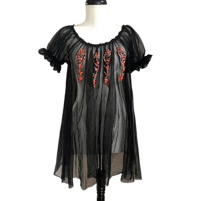 Vintage Y2K Mesh Beaded Top Sz L Fairy Grunge Festival Whimsigoth Sheer Boho  - Image 1 of 4