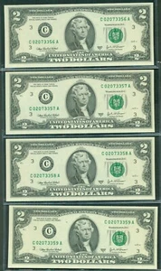 $2.00 FRN - Filadelfia, 2003A, fr. #1938C, conjunto de 4 números de serie consecutivos - Imagen 1 de 2