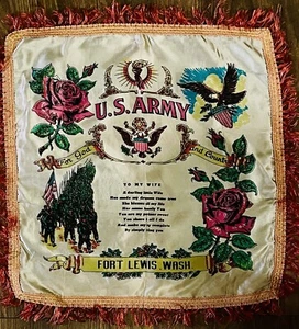 Fort Lewis Washington Vintage (for Wife) Satin Fringed Souvenir Scarf 21 x 20 - Picture 1 of 7