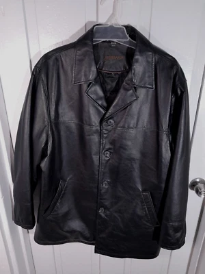 Mens St Johns Bay Mid Length Leather Jacket Black Button Quilt Lined XL - Image 1 of 4