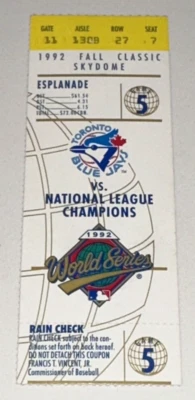 1992 World Series Game 5 Blue Jays Braves MLB Ticket Stub Smoltz Win Justice HR - Image 1 of 2