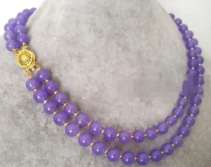 Fashion 2Rows 8/10mm Natural Lavender Jade Gemstone Round Beads Necklace 18-19"