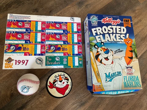 1997 MLB FLORIDA MARLINS WORLD SERIES TICKETS BASEBALL CAP CEREAL BOX PATCH LOT Cover