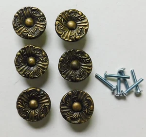 Lot of 6 Vintage Burnished Brass Round Knobs Floral French Provencial 3/8" MORE - Picture 1 of 2