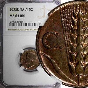 Italy Vittorio Emanuele III 1923 R 5 Centesimi NGC MS63 BN HIGH GRADE KM# 59 (4) - Picture 1 of 5