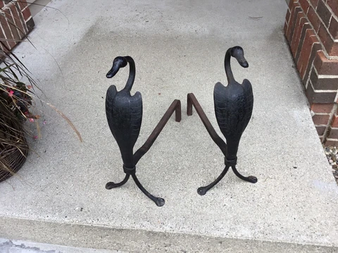 Rare Hand Forged Arts and Crafts Era Wrought Iron SWAN ANDIRONS -Not Yellin Cover