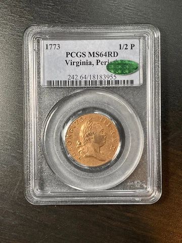 1773 Virginia Halfpenny PCGS MS64 RD CAC Period 1/2 P Colonial Red Copper Coin Cover