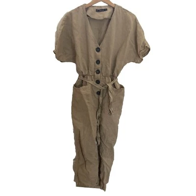 Zara Basic Linen Blend Jumpsuit Romper Womens Medium Belted Tan Beige Pant Suit - Image 1 of 4