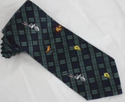 Looney Tunes Mania Green Plaid Polyester Tie Daffy Duck Bugs Bunny Taz Tweety - Image 1 of 4