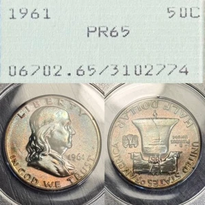 PR65 1961 50C Franklin Silver Proof Half Dollar, PCGS Rattler- Rainbow Toned - Picture 1 of 13