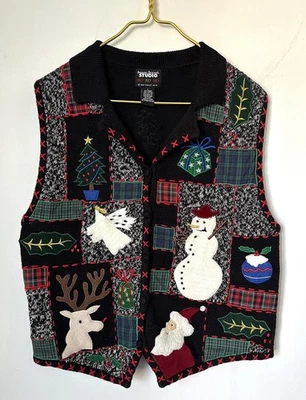 Vintage 90s Retro Holiday Christmas Plaid Patchwork Appliqué Sweater Vest Large - Image 1 of 4