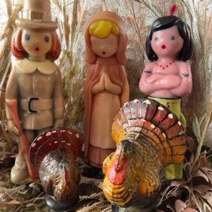Set Of 5 Candles 1950s Gurley Thanksgiving Pilgrims, Native American & Turkeys - Picture 1 of 18