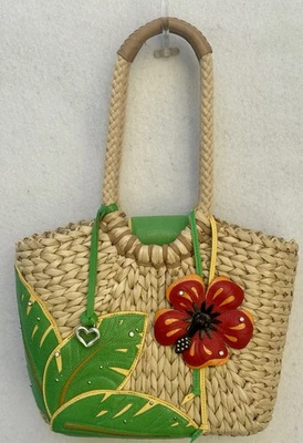 Bolsa cesta tecido vintage aposentada BRIGHTON couro floral alças trançadas bolsos - Imagem 1 de 4