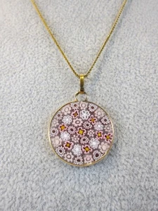 Beautiful pink yellow millefiori glass gold plated sterling silver necklace 18" - Picture 1 of 7