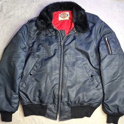 Vintage Dickies Made In USA Medium Navy Flight Bomber Fur Collar Quilted Jacket - Image 1 of 4